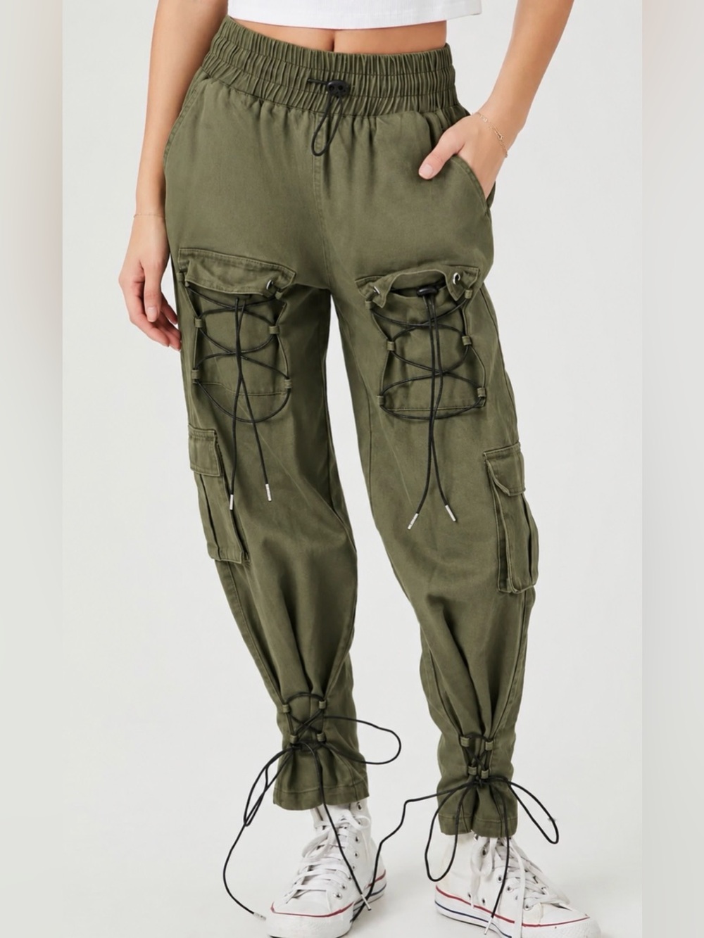 Forever 21 Olive Utility Cargo Jogger Pants with Bungie Lace-Up Elastic Detail M
